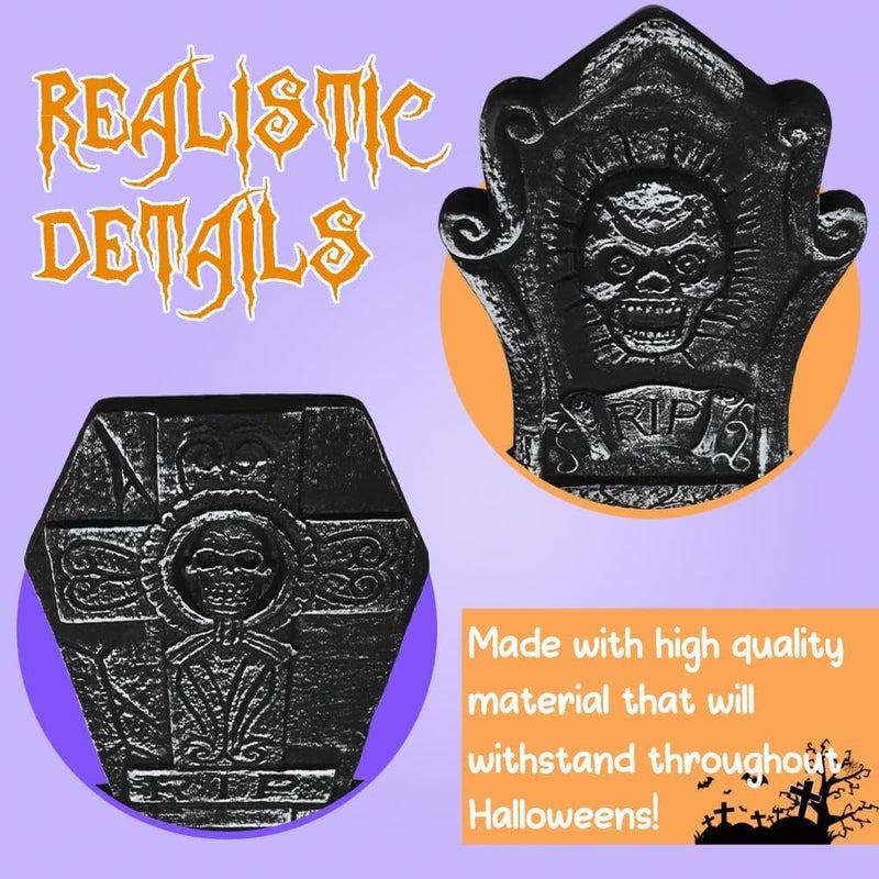 LUKBERA 5Pcs 17" Halloween Foam Tombstones, RIP Graveyard Tombstones with Bonus Metal Stakes Decorations for Halloween Lawn Yard Outdoor, Haunted House Decor - Image 2